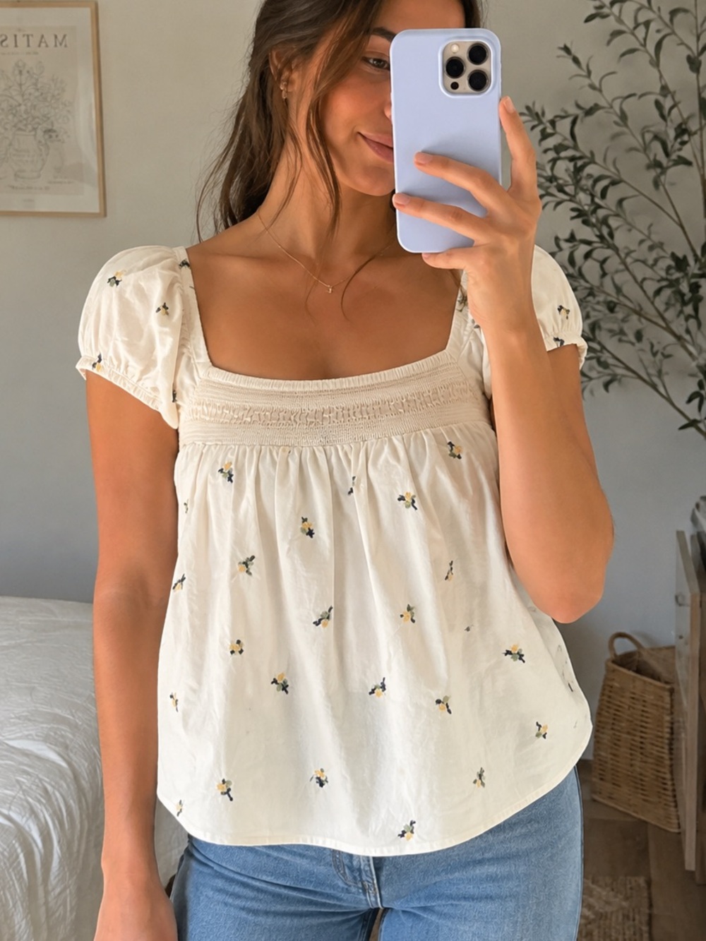 Universal Thread Ivory Flower Floral Embroidered Smocked Top